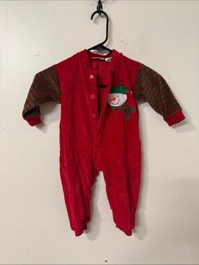 Avon Red Holiday Footie with Green Striped Sleeves 90’s